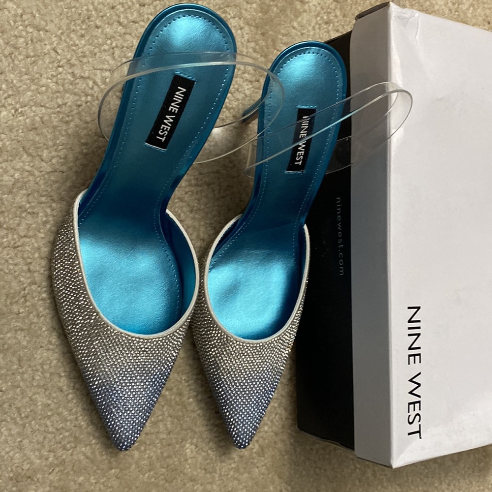 Rhinestoned Closed Toe Nine West Pump with Clear Strap (Never been Worn)